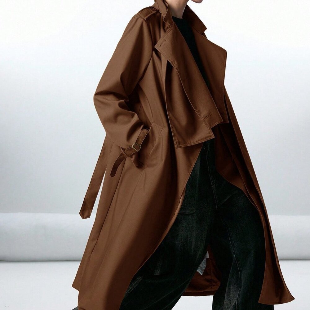 Chocolate Brown Casual Women's Double-Breasted Trench Coat - Picture 3 of 7